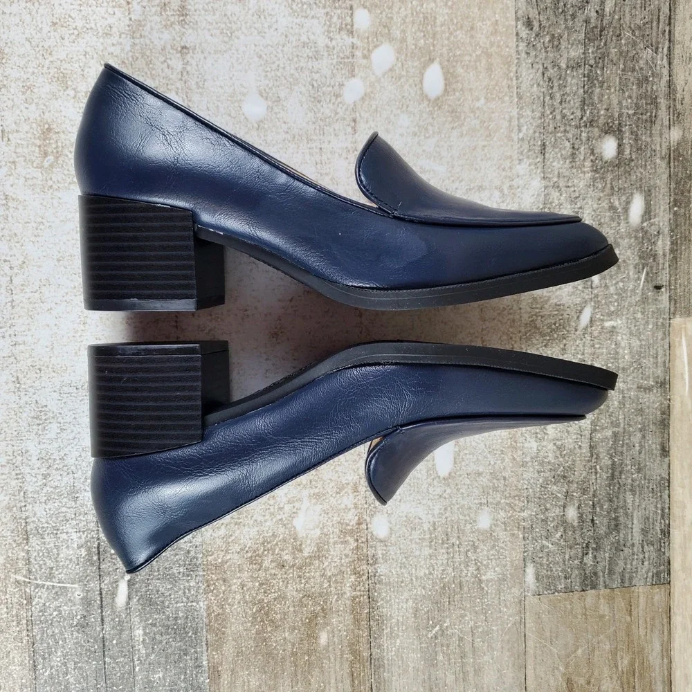LifeStride Devyn Womens Loafers Sz 6.5 M Navy Faux Leather Slip On Block‎ Heel